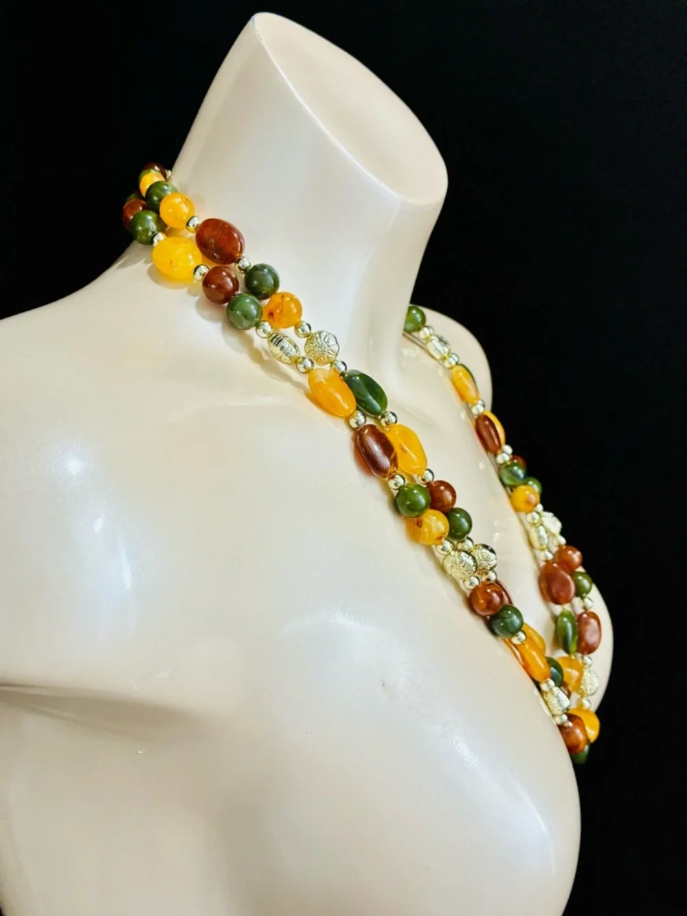 VTG Multi-Strand Amber, Green & Brown Beaded Necklace Earthy Natural Tones EUC